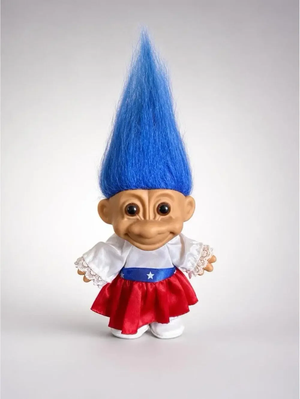 Vintage Russ Blue Hair Troll Doll in Patriotic Dress